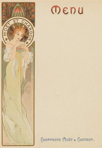 ALPHONSE MUCHA (1860-1939). CHAMPAGNE MOËT & CHANDON. Group of 5 menus. 1899. Each approximately 8x5 inches, 30x15 cm. F. Champenois, P